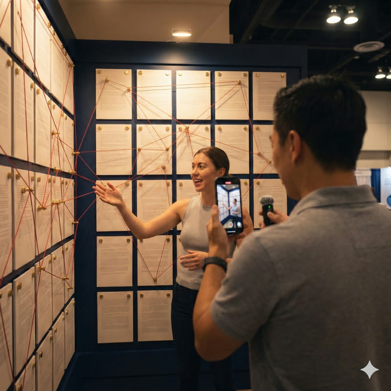 Researcher selecting papers on camera